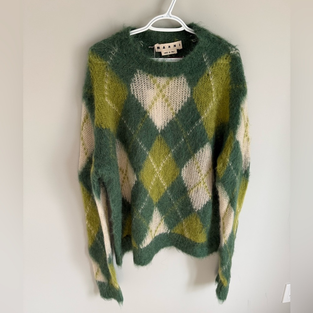 Marni fuzzy wuzzy mohair Green and Cream Argyle Sweater